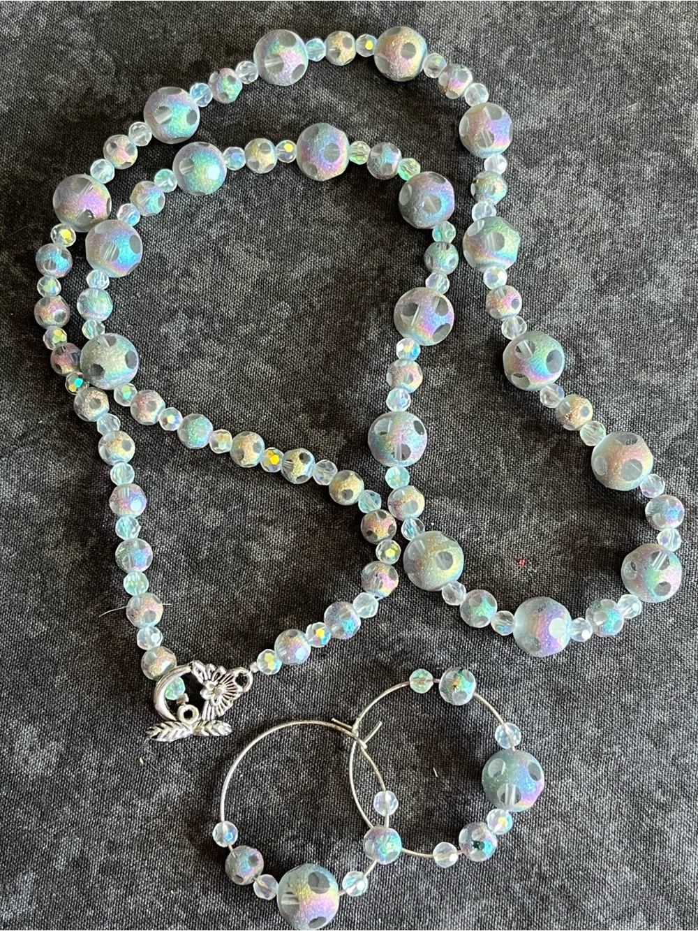 Titanium Carnival Glass Necklace & Hoop Earrings Set - Vintage